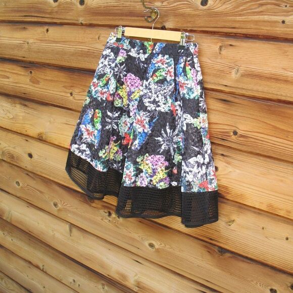 Black Parrot Bird Print Floral Full Skirt - Picture 2 of 8
